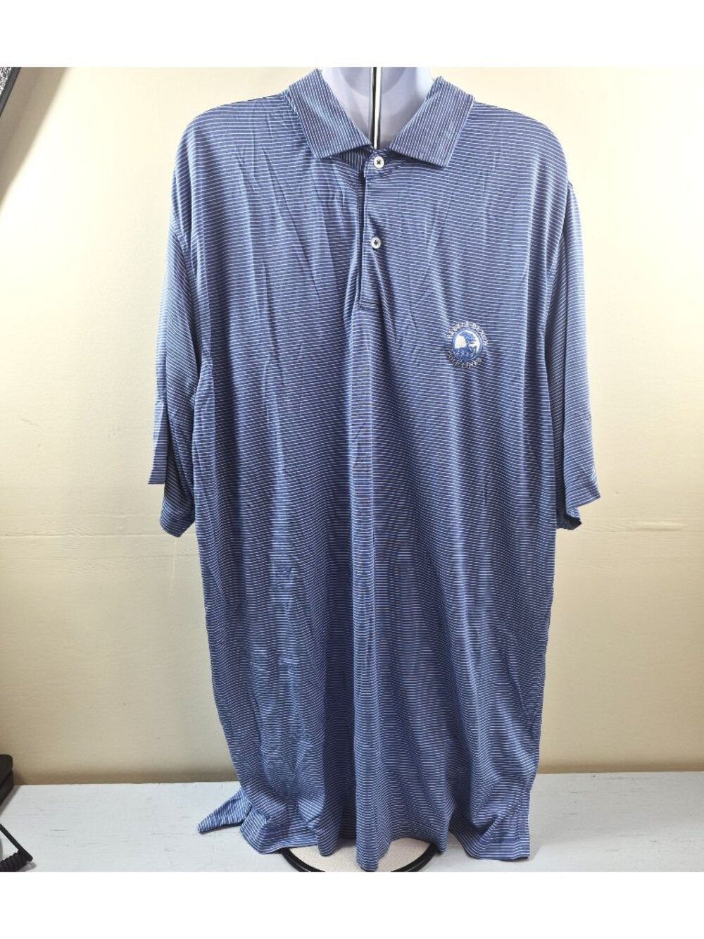 Fairway & Green Tech Polo Shirt Large Blue White Stripe Pebble Beach Golf Links